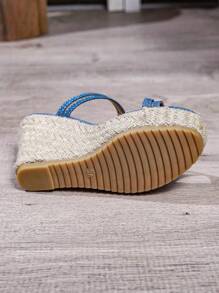 Women's Blue Summer Vacation Style Straw Woven Platform Wedge Sandals, Fashion High Heel Shoes Size 35-43, Thick Bottom Water Heel Slippers, Woven Rope Slip-On Wedge Sandals, Beach Bohemian Roman Sandals - Blue - View 7