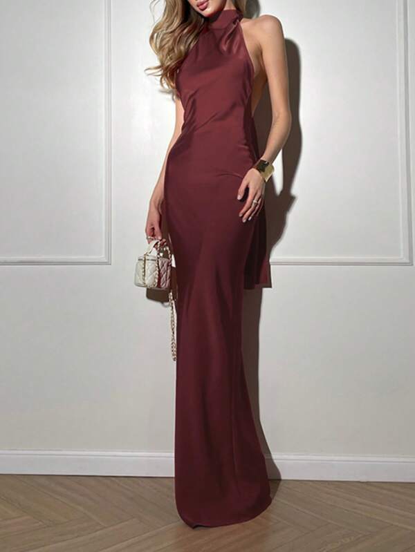 WOWDARK Women's Autumn Solid Color Satin Halter Backless Dress