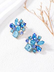 juran 1 Pair Simple & Fashionable Floral Rhinestone Earrings - Blue - View 3