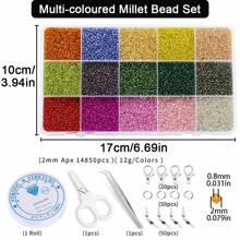 Juego de 2/3/4mm 15 colores de cuentas de cristal pequeñas, 12g por compartimento, cuentas de cristal sueltas para la fabricación artesanal de joyas DIY, pulseras, collares, aretes, anillos + juego de 6 piezas de herramientas