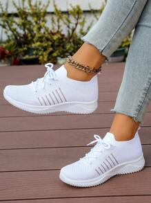 Women's Casual Sneakers, Comfortable Breathable Versatile Fashion White Lace-Up Sports Shoes, Student Shoes