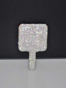 1pc Rhinestone Series, Diamond-Studded Heart-Shaped/Round/Square Mirror, Portable Handle Mirror, Makeup Handheld Mirror, Cute Small Mirror, Hand-Held Mirror