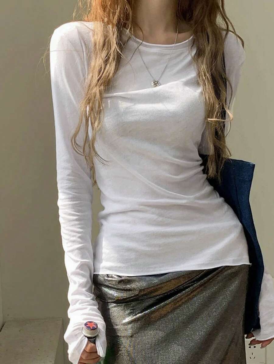 2025 Spring & Summer New Women's Design-Driven Niche Lightweight Sheer Pullover Cropped Tops, White Long Sleeve T-Shirt