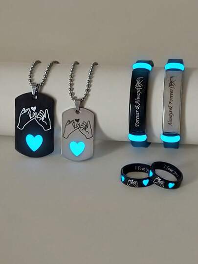 ATLVXJL 6 件/套夜光心形雕刻“我永远爱你”不锈钢情侣项链、手链、戒指礼品套装，情侣时尚珠宝，情人节礼物，妈妈，母亲，母亲节，礼物