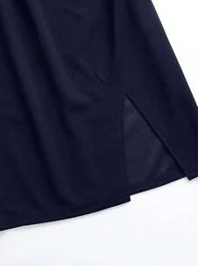 Plus Size Elegant Chiffon A-Line Skirt With Slit, Versatile & Slimming - Navy Blue - View 3