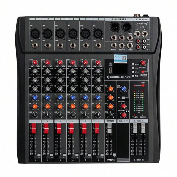 DEPUSHENG Mezclador de audio profesional Depusheng DX6, consola de mezclas de 6 canales, entrada de computadora USB, Bluetooth, MP3, alimentación fantasma de 48 V, estudio de DJ estéreo