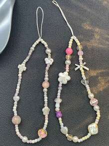 Colorful Beaded Lanyard With Heart & Flower Charm For Women, Short Wrist Phone Strap