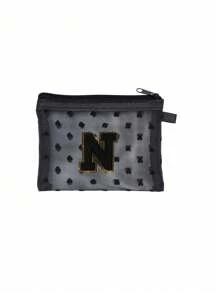 1 pieza Bolsa de malla transparente con forma de corazón linda, Mini bolsa de almacenamiento - Toalla con inicial bordada de la A a la Z, Bolsa cosmética portátil multifuncional para viajes, Bolsa de almacenamiento para maquillaje, cuidado de la piel y lápiz labial, Bolsa de cremallera de malla, Organizador de maquillaje para viajes