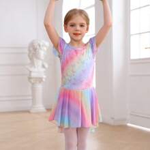 E.DANCE 1pc Young Girls 2 Layer Flutter Sleeve Dance Leotard With Sequin Skirt,Rainbow Butterfly Print, Ballet & Gymnastics Outfit,Tutu Dress,Jumpsuit - Multicolor - View 6