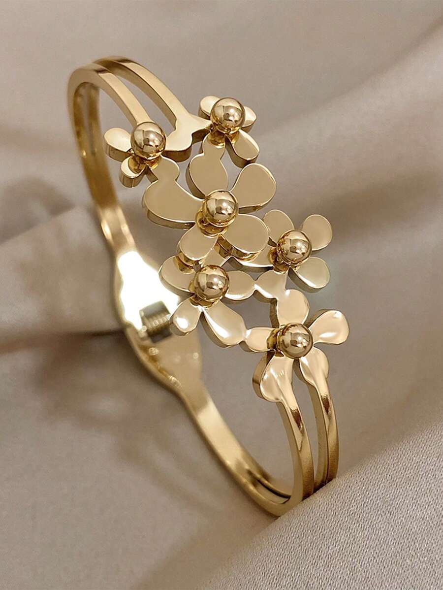 1 件女士粗花手链金色不锈钢手镯适合日常和派对珠宝礼物