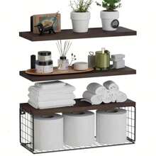 1 Set Rustic Solid Pine Wood Floating Wall Shelf With Toilet Paper Holder Basket, Wall Mounted Bath Storage Rack