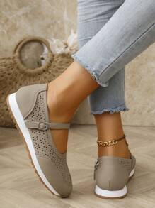 Sandales compensées rétro ajourées pour femmes, chaussures plates légères et respirantes, chaussures de marche confortables pour l'extérieur - Kaki - Voir 6