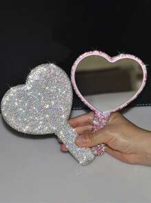 1pc Rhinestone Series, Diamond-Studded Heart-Shaped/Round/Square Mirror, Portable Handle Mirror, Makeup Handheld Mirror, Cute Small Mirror, Hand-Held Mirror