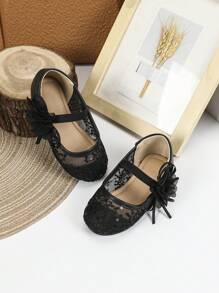 1 Pair Autumn Baby Girls Breathable Flat Lace Cloth Shoes, Toddler Anti-Slip Outdoor Flat Shoes - Black - View 4