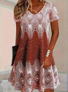 Vestido bohemio de playa con cuello en V, estampado de flores y sol, moda de verano para mujer