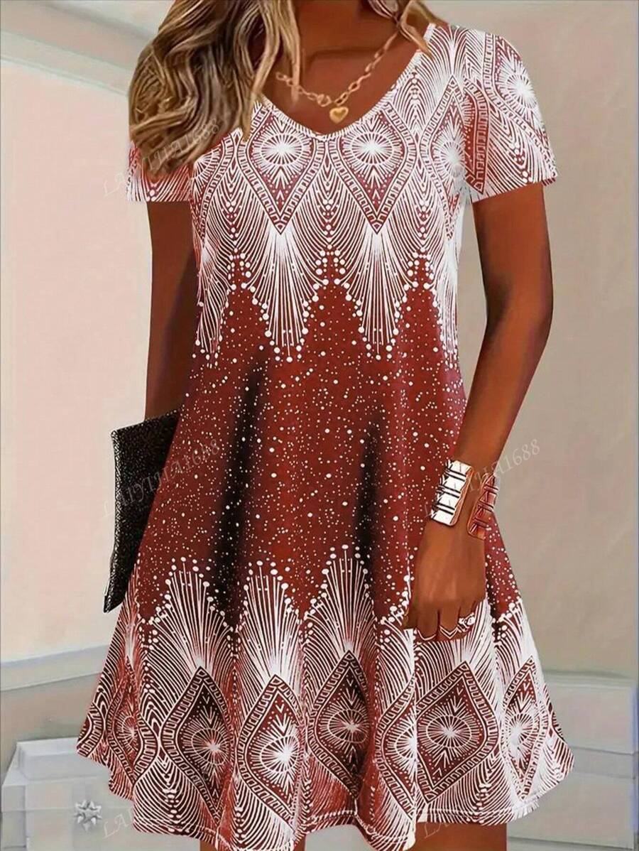 Vestido bohemio de playa con cuello en V, estampado de flores y sol, moda de verano para mujer