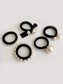 Élégants liens de cheveux élastiques en faux perles et nœud papillon pour femmes, nouveau modèle 2024. Accessoires de cheveux en polyester, supports de queue de cheval, élastiques à cheveux, bandes de caoutchouc pour cheveux, chouchous, corde à cheveux, accessoires de tête élastiques - Multicolore - Voir 1