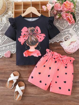 2pcs/Set Young Girl Cartoon Girl Bow Print Short Sleeve Round Neck T-Shirt And Shorts Set, Suitable For Summer Sports Casual, Outdoor & Daily Wear