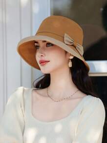 1 pieza Sombrero de cubo de mujer para primavera y verano, diseño elegante y versátil con lazo, protección solar de ala ancha, apto para salir, ir de compras, viajar