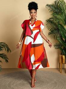 Vestido holgado de talla grande para mujer, de estilo geométrico, con cuello mao, cuello en V con volantes, mangas cortas, largo medio, para uso diario, de vacaciones y cómodo (estampado aleatorio)