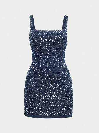 New European And American Style Rhinestone Embellished Square Neck Bodycon Mini Dress, Sexy Backless Clubwear