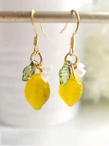 2 Pcs Original Summer Style Sweet Resin Yellow Green Lemons Flowers Dangle Earrings For Women Daily Wear