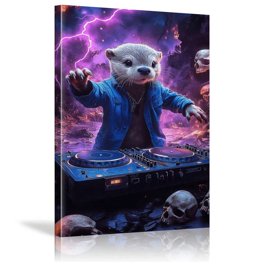 1pcs Cool Otter DJ Poster Otter Wall Art Canvas Painting Print Aesthetic Framed Suitable For Living Room Bathroom Bedroom Hotel Villa Gallery Kids Room Nursery Kindergarten Classroom Corridor Studio Home Office Decoration Ready To Hang - 彩色 - 查看 1