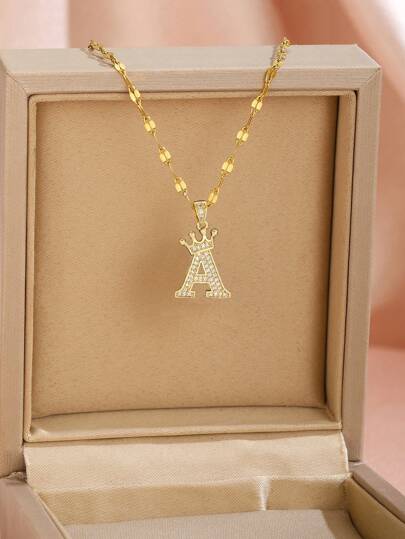 1pc Fashionable Popular Crown Initial Letter Charm Necklace With Stainless Steel Lip Chain Customized Name Alphabet Necklace For Children Family Friends Birthday Gift