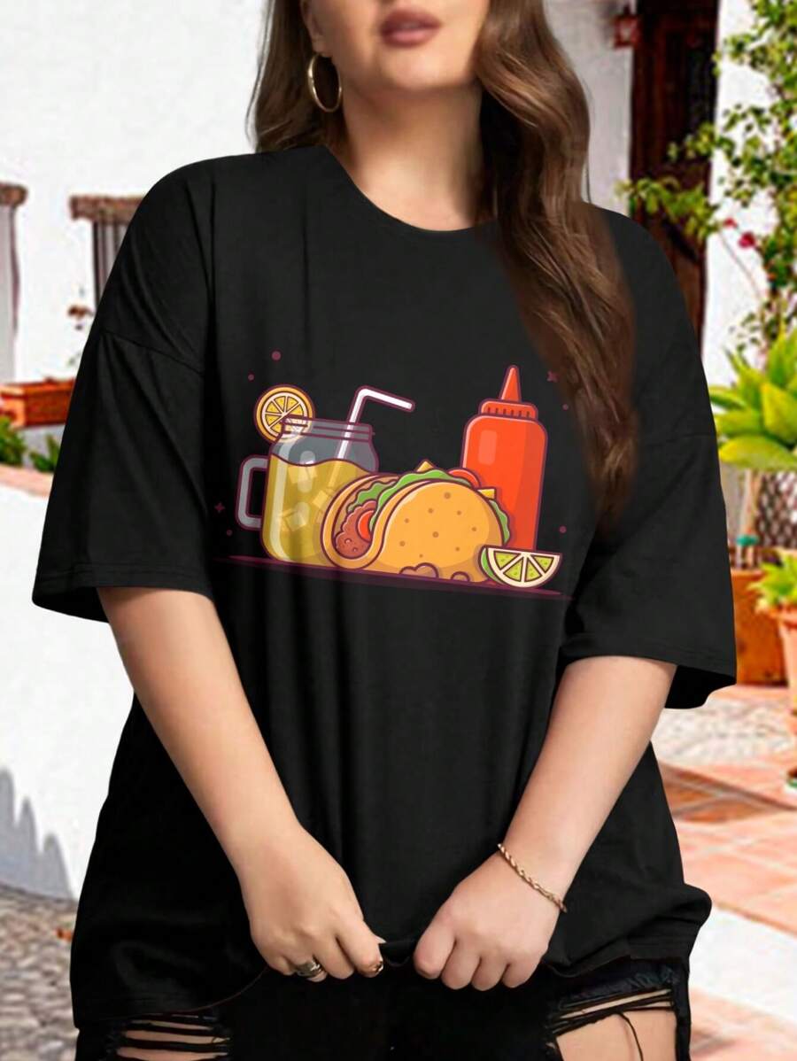 Big Size Women's Taco Mexican Food Oversize Women T-Shirt Delicious Lemonade Ketchup Cartoon Vector Icon Illustration (Back Catalog) - 黑色 - 查看 1