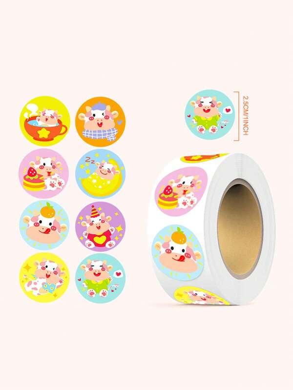 1 Rolo (500 peças) Adesivos fofinhos de Vaca de Desenho Animado, Adesivos à Prova d'Água para Scrapbooking, Decoração de Diário, DIY, Artigos Escolares, Volta às Aulas