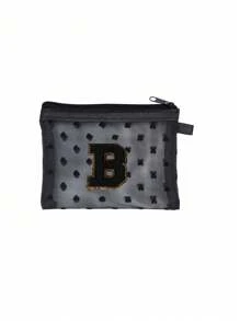 1 pieza Bolsa de malla transparente con forma de corazón linda, Mini bolsa de almacenamiento - Toalla con inicial bordada de la A a la Z, Bolsa cosmética portátil multifuncional para viajes, Bolsa de almacenamiento para maquillaje, cuidado de la piel y lápiz labial, Bolsa de cremallera de malla, Organizador de maquillaje para viajes