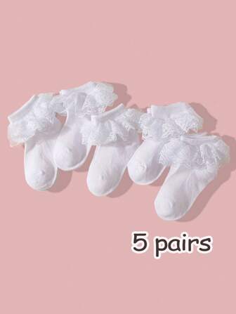 5 双女童蕾丝边短袜，适合日常基本搭配