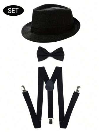 3pcs Men's Suit Suspenders, Bowtie And Hat Set, Fashion Adult Black Suspenders, Elastic Adjustable Pants Braces, Formal Accessories Combo For Events, Occasions, Travel, Party