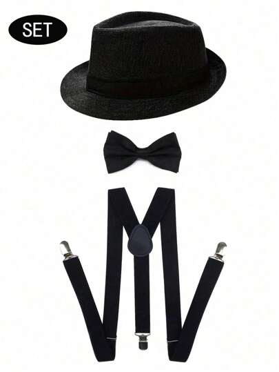 3pcs Men's Suit Suspenders, Bowtie And Hat Set, Fashion Adult Black Suspenders, Elastic Adjustable Pants Braces, Formal Accessories Combo For Events, Occasions, Travel, Party