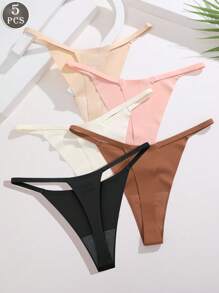 5pcs/Set Solid Color Seamless Low-Waist G-String Panties For Women