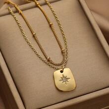 2 pièces Ensemble de colliers vintage élégants en or avec pendentif carré zirconié étincelant et rectangle - Design de chaîne perlée élégant pour un port quotidien et festif