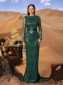 Faeriesty Đầm dạ hội dài tay đính cườm và sequin sang trọng – Kiểu dáng ôm sát với thắt lưng eo, tay áo voan mỏng và chân váy dài xòe kiểu đuôi cá, lý tưởng cho các đám cưới sang trọng, dạ tiệc trang trọng, tiệc tối lịch sự và các sự kiện theo phong cách người nổi tiếng. - Màu xanh lá cây đậm - Xem 4
