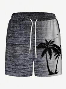 Men's Hawaii Holiday Casual Outdoor Coconut Tree Gradient Pattern 3D Digital Print Loose Beach Shorts, Single Layer With Drawstring,Hawaiian - Black and White - View 3