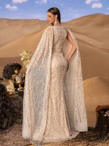 Faeriesty Haute Glamour Elegant Beaded V-Neck Mermaid Gown With Floor-Length Sleeves - Autumn Winter Luxury Formal Wear For Red Carpet, Weddings, And Galas - 香檳色 - 查看 2