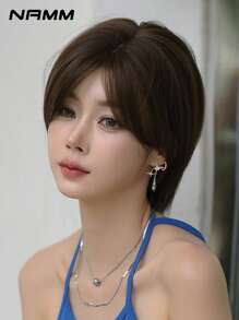 NAMM Elegant Dark Brown Layered Bob Hair With Curtain Bangs Wigs For Women 12in Short Straight Hair Wig,Synthetic Heat-Resistant Fiber Wig For Girl Daily Use - Dark Brown - View 2