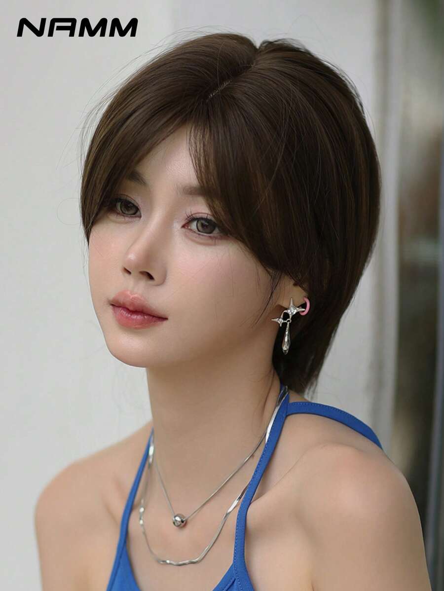 NAMM Elegant Dark Brown Layered Bob Hair With Curtain Bangs Wigs For Women 12in Short Straight Hair Wig,Synthetic Heat-Resistant Fiber Wig For Girl Daily Use