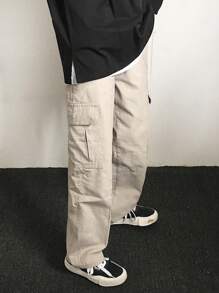 Men's Straight Leg Loose Cargo Pants, Casual Urban Style, Black With Multi-Pocket Design - Beige - View 2