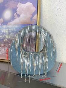 2025 新款牛仔流苏圆形水钻闪光手提包百搭女士手拿包单肩包，送给女士的有趣礼物 - 淺藍色 - 查看 4