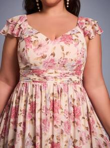 Plus Floral Print Ruched Bridesmaid Dress - Pink - View 5