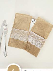 5pcs/15pcs Linen Cutlery Bag, 8.6*4.3in, Beige Coarse Burlap, Lace Silverware Holder, Flax Knife And Fork Cutlery Bag, Suitable For Vintage Country Wedding Party,Christmas