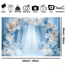 1 pieza de Banner de fondo de foto elegante de color azul cielo - Diseño floral romántico, de varios tamaños, sin necesidad de energía, perfecto para bodas, cumpleaños, aniversarios y eventos especiales, decoraciones de boda - Multicolor - Ver 3