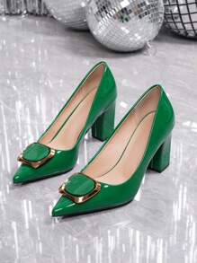 Women's Plus Size Fashion Green Pointed Toe Decor Solid Color Comfortable Chunky High Heel Shoes, Autumn/Winter - Green - View 2