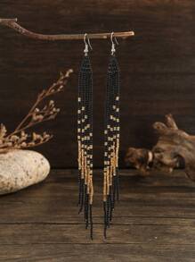 1pc Vintage Bohemian Style Beaded Earrings With Extra Long Tassel Pendants, Handmade Glass Seed Bead, Versatile For Women Everyday Wear, Party Jewelry Gift
