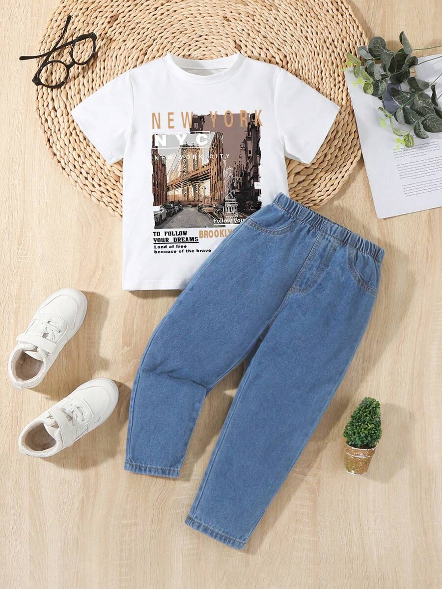 2 件套年轻男孩纽约风景印花白色 T 恤和蓝色休闲牛仔裤 - 彩色 - 查看 1