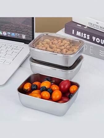 带翻盖的不锈钢食品储存容器，厨房食品保鲜盒，防漏且可堆叠，适用于户外露营、家庭聚会、办公室和学校